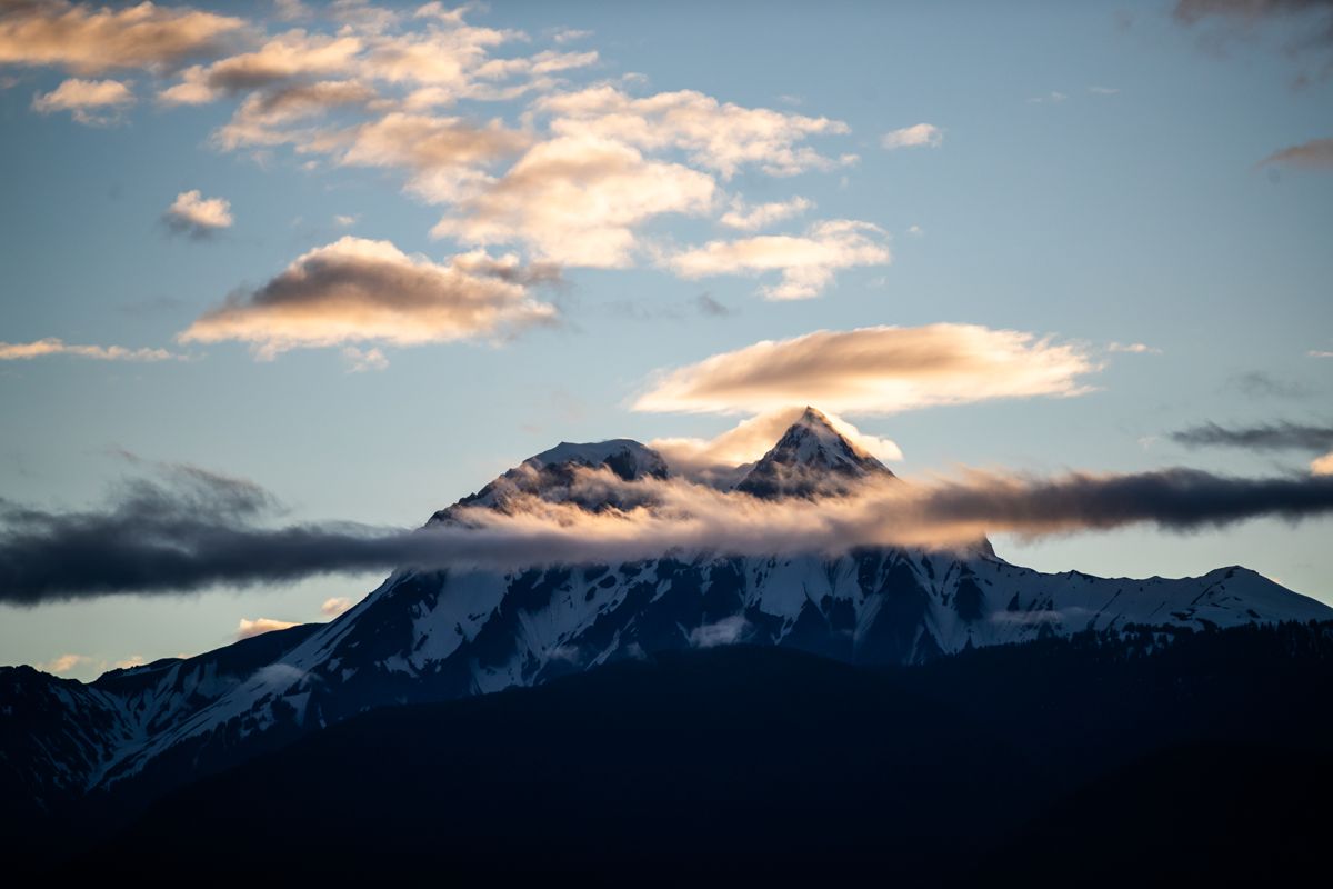 Alpenglow on a Coast Mountains peak at sunset