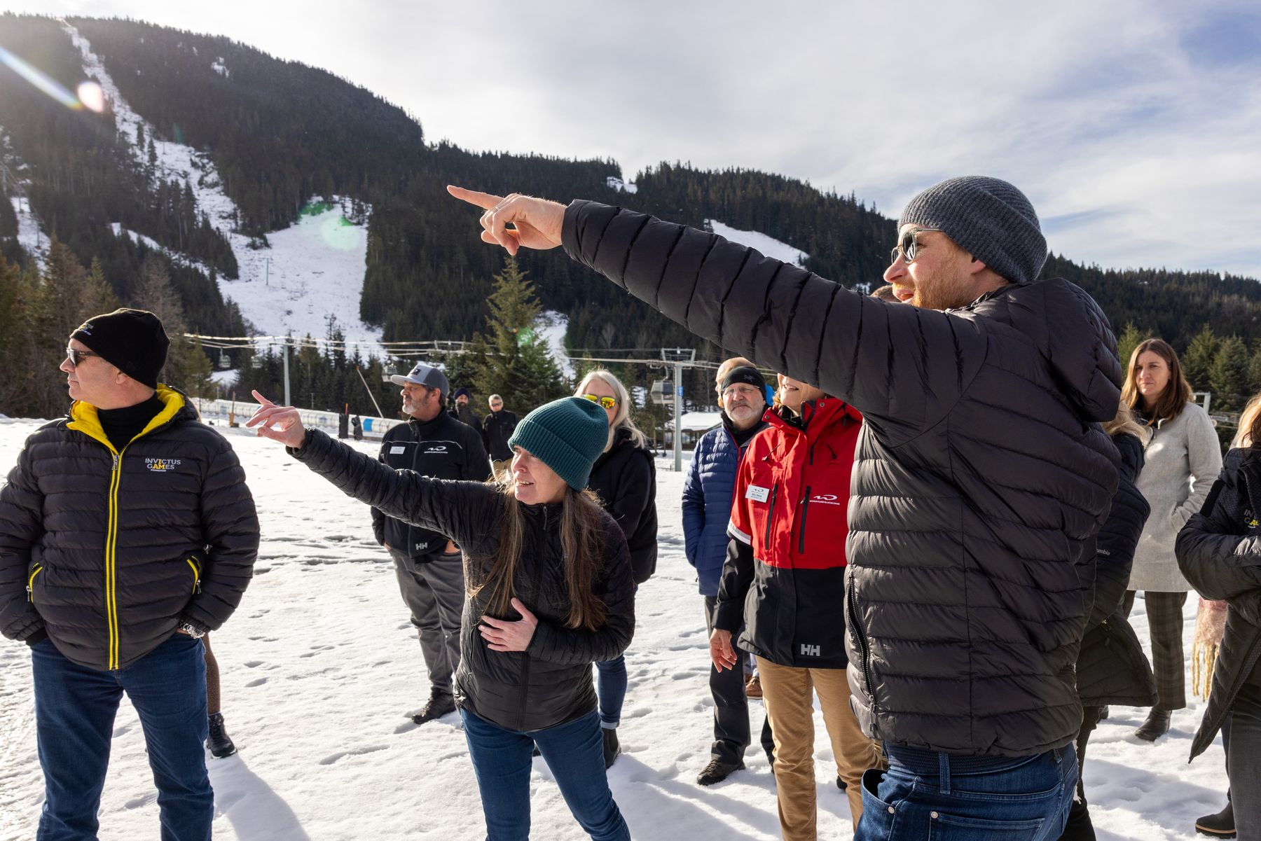Prince Harry pointing out Whistler Blackcomb terrain to the Invictus Games Foundation delegation