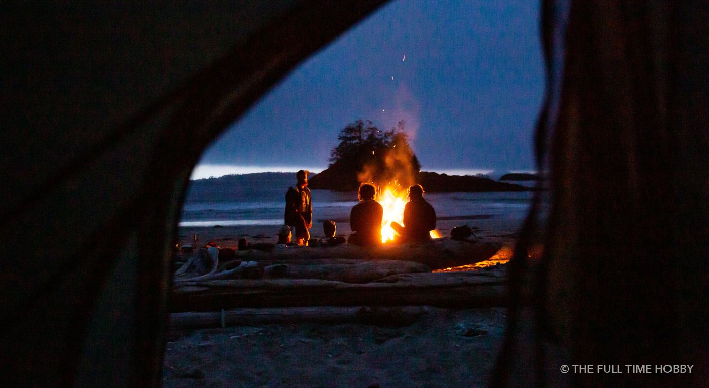Beach Campfire From the Tent, Chesterman Beach, Tofino, BC