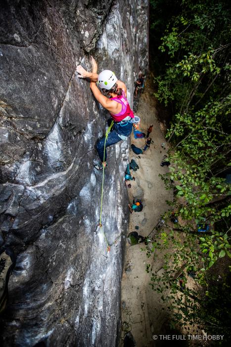 Climber in Pink on Wet Rock, Squamish, BC