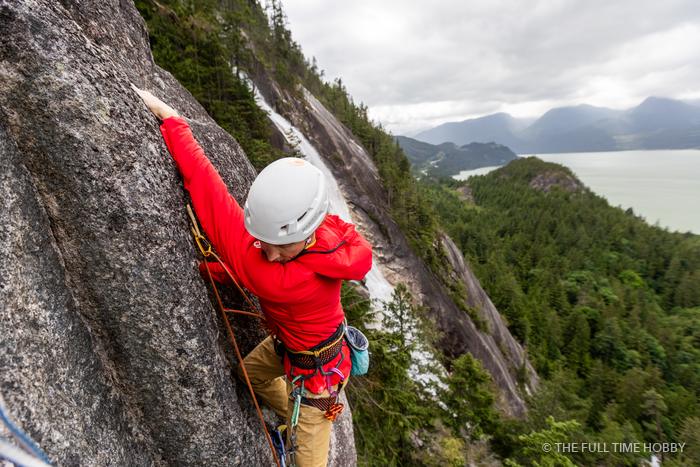 Climber in Red Above Howe Sound, Zen Garden, near Shannon Falls, Squamish, BC
