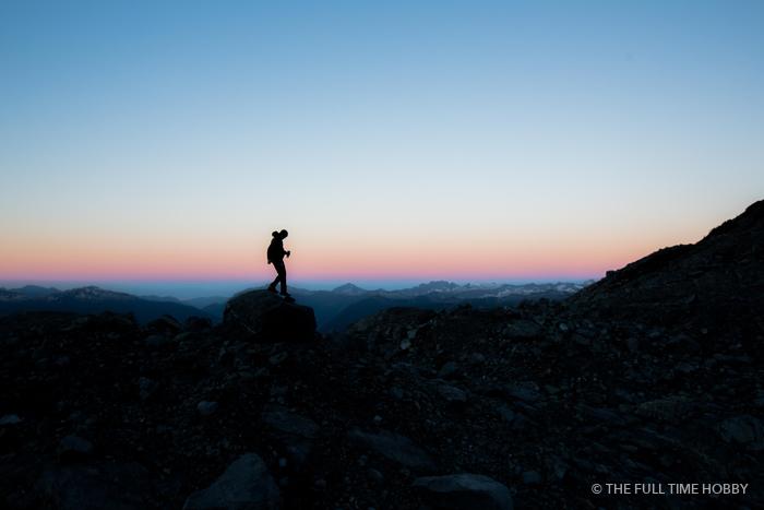 Hiker Silhouette at Blue Hour, Jim Haberl Hut, Tantalus Range, BC